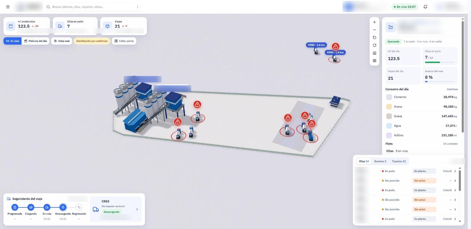 Concrete plant in 3D with trucks in the yard and daily material use