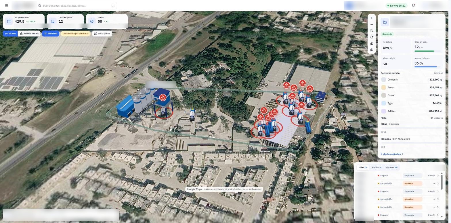 Ready-mix dashboard: plant over satellite imagery with mixer trucks and daily material use
