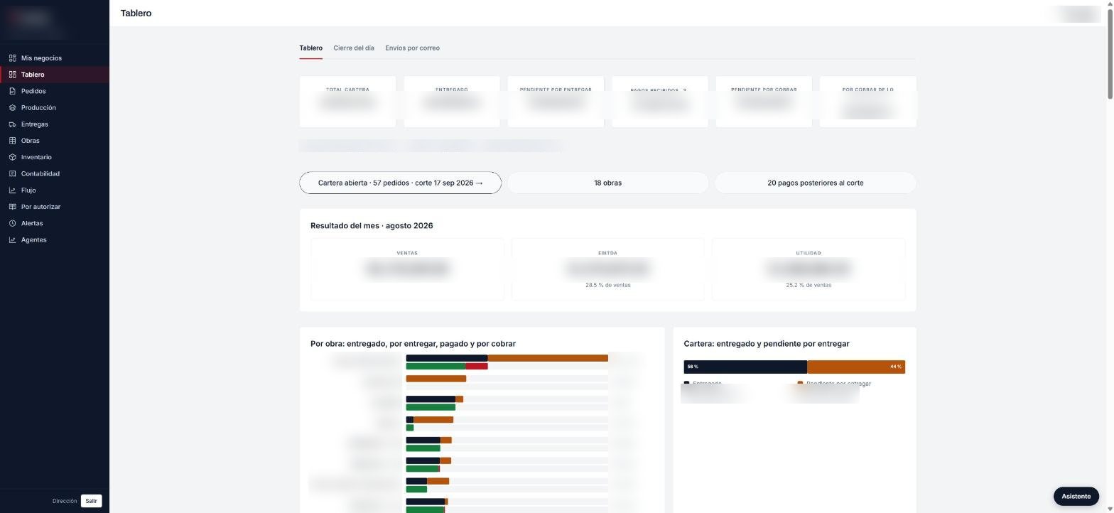 Leadership dashboard with receivables, monthly result and progress per project; amounts blurred